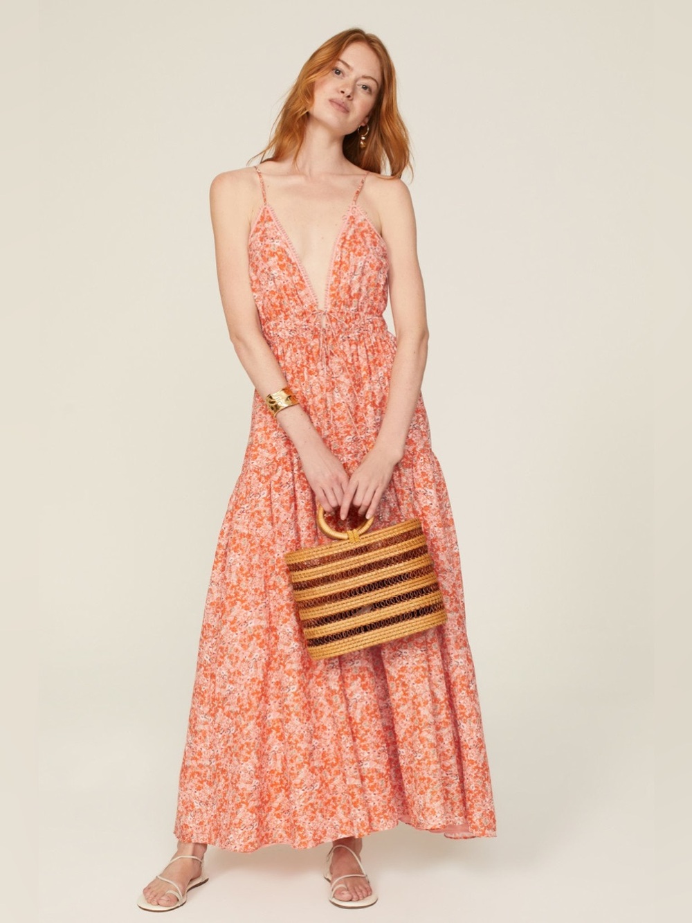 Kivari Ines Maxi Dress Orange White Floral V-Neck Boho Sundress Womens Size US 2